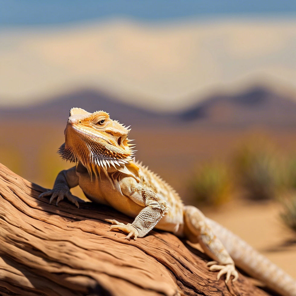 A bearded dragon sitting on a log with a desert background