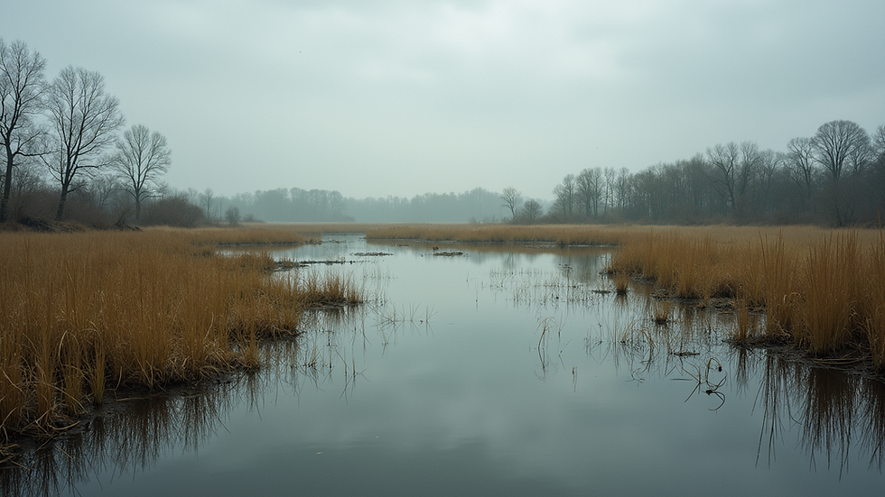 Wide angle view of a wetland area showing signs of habitat degradation