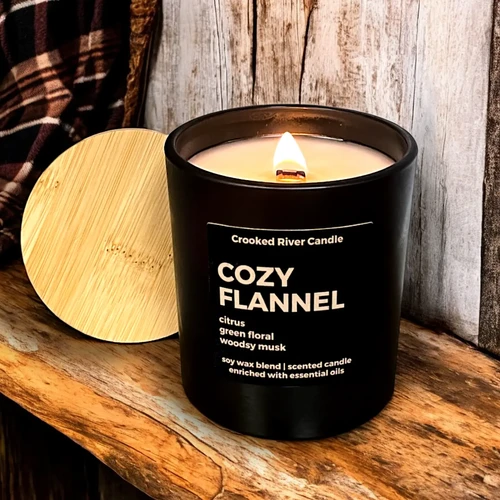 Cozy Flannel Candle – Matte Black Jar with Bamboo Lid | Wood Wick