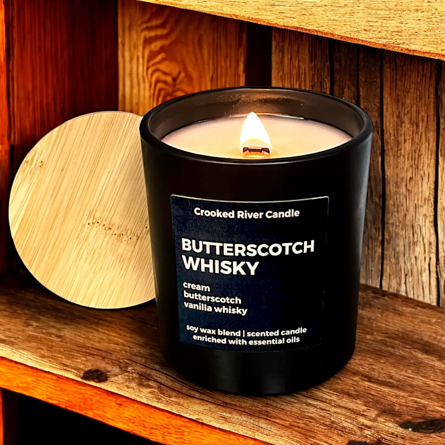 Butterscotch Whisky Candle – Matte Black Jar with Bamboo Lid | Wood Wick