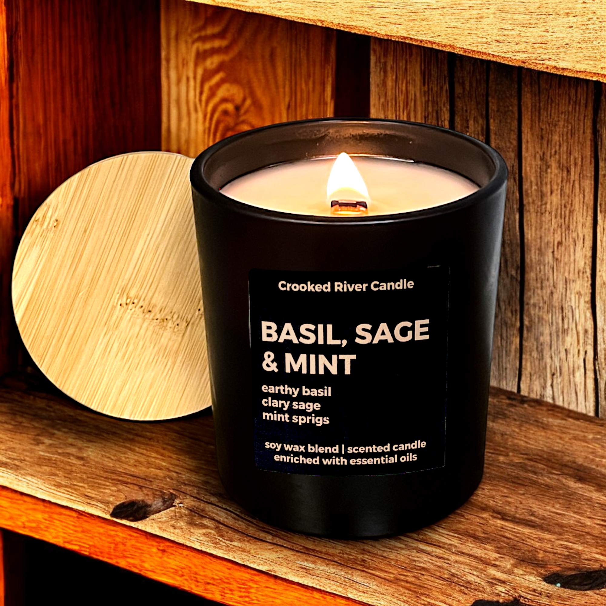 Basil, Sage & Mint Candle – Matte Black Jar w/ Bamboo Lid | Wood Wick | 7.5oz
