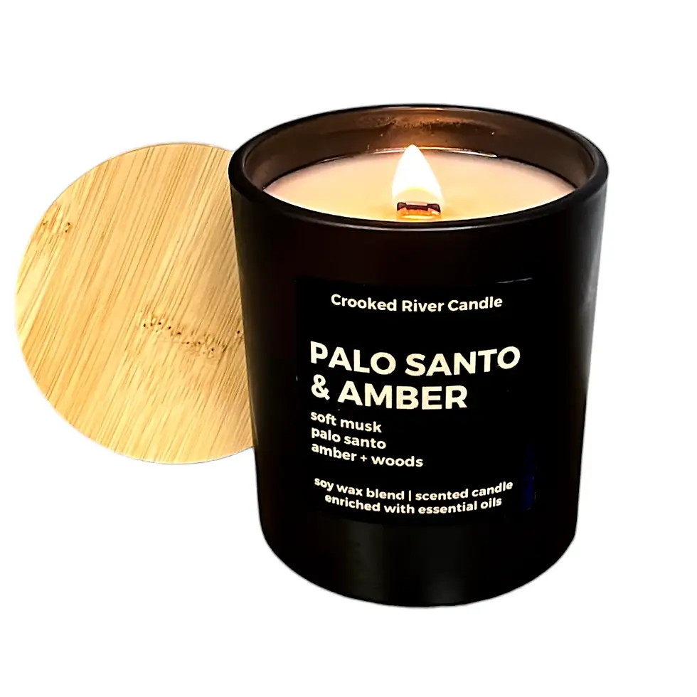 Palo Santo & Amber Candle in matte black jar with bamboo lid and wood wick