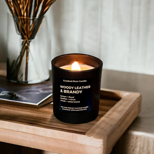 Woody Leather & Brandy Candle – Matte Black Jar w/ Bamboo Lid