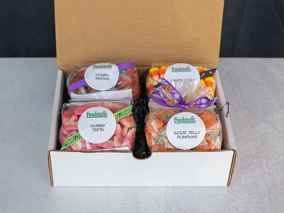 Halloween Boo Box with festive candy corn and sour jelly pumpkins
