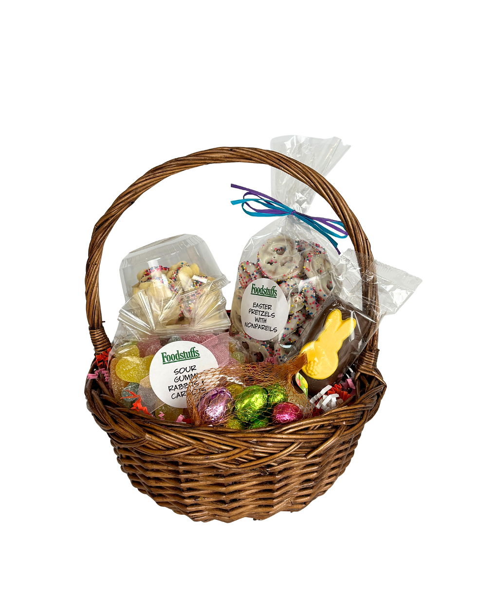 Easter Sweet Treats Basket with gummi rabbits, butter cream cookies, chocolate eggs, and festive Easter pretzels