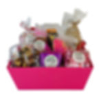 Valentine’s Day Gift Basket with chocolates, cookies, Monster Bites, and gourmet snacks in a pink basket