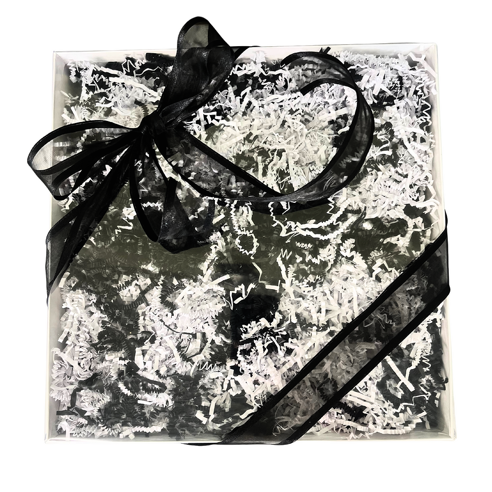 Thumbnail: gift box with black and white filling and a black ribbon