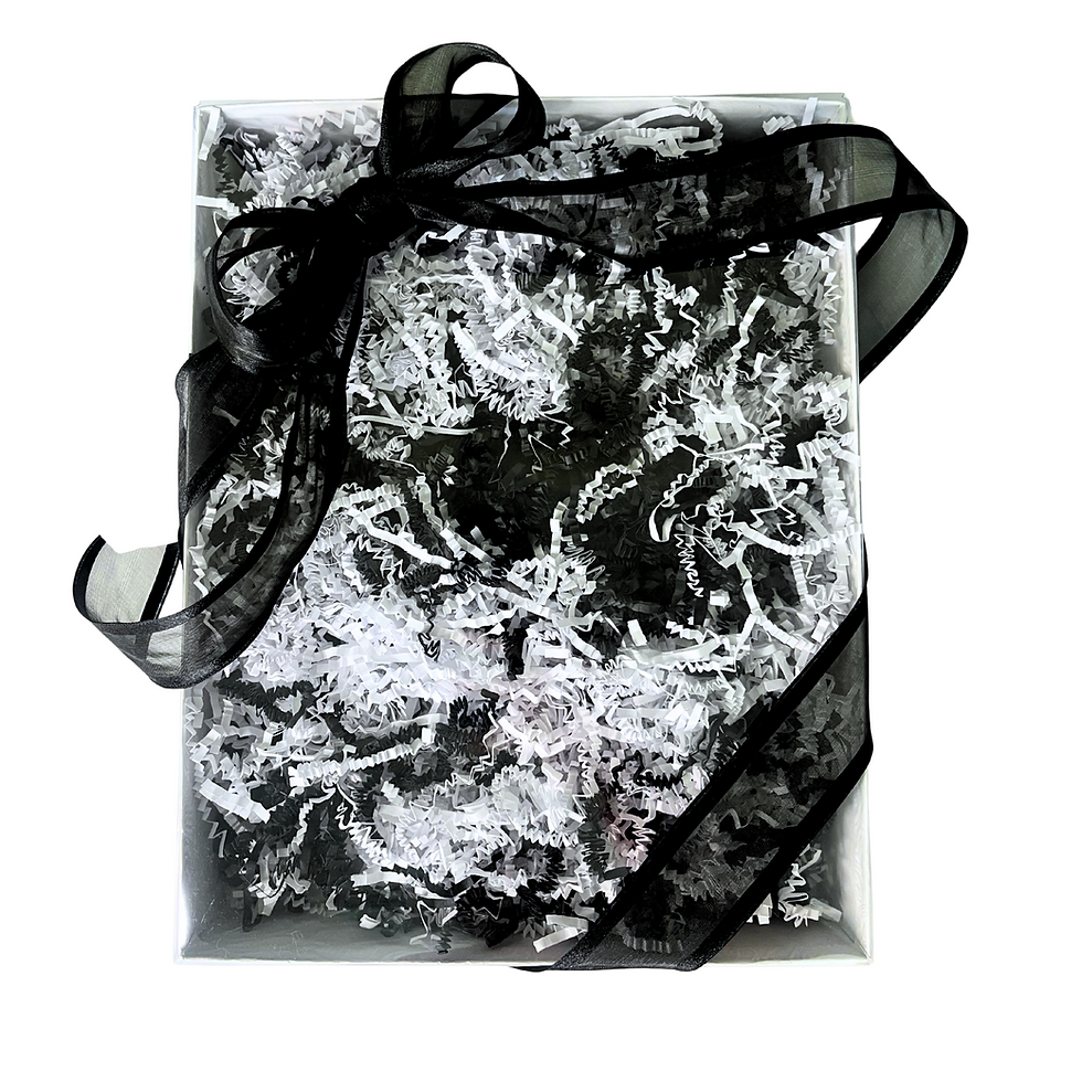 Thumbnail: gift box with black and white filling and a black ribbon