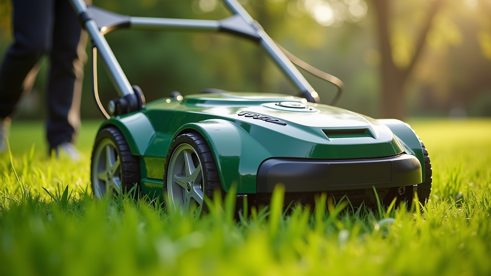 Close-up view of a robotic lawn mower cutting grass