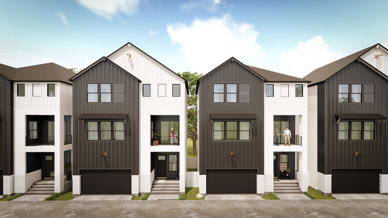 The front facade of Rossie Estates features a modern combination of white and gray siding with gold metallic accents on the exterior lighting, creating an elegant curb appeal. A cozy covered porch welcomes residents and guests, while large front windows fill the interiors with natural light. The sloped rooflines add architectural interest, emphasizing the homes’ luxury and contemporary style.