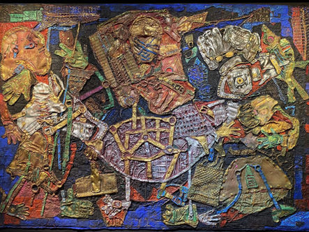 DISSENSION OF THREE, Heat-pressured medium, metallic paint, sculptured surface, canvas, 53x75”, 20XX
