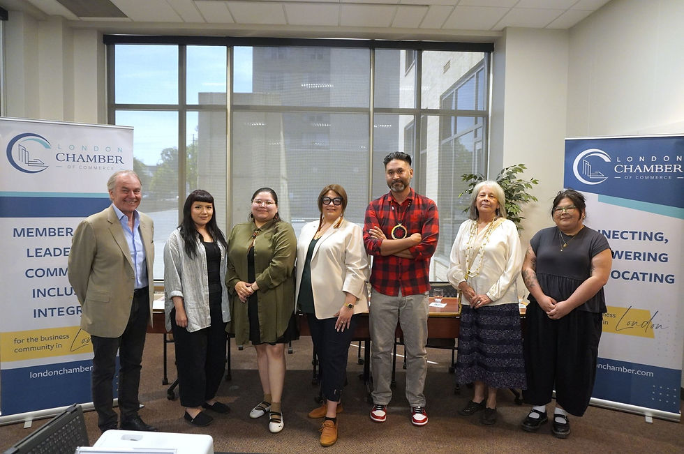 (l-r) Graham Henderson, Ariel Williams, Emily Schuyler, Katie Wilhelm, Mike Cywink, Nancy Deleary, Bridget George, at the Making Space – Business, Indigenous Art, and Reconciliation event by the London Chamber of Commerce on June 4, 2026