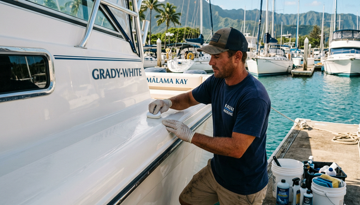 Eye-level view of a detailer applying wax to the side of a white boat.