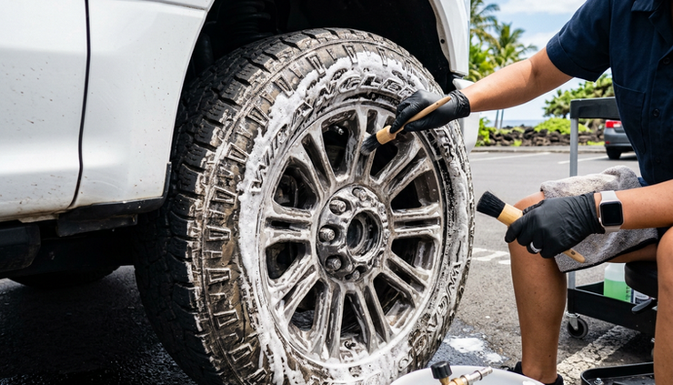 Close-up of a technician cleaning the wheel of a work truck.