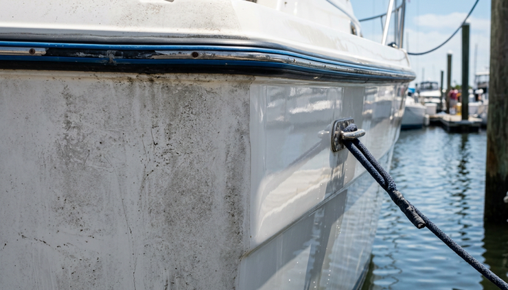 Close-up view of oxidized white gelcoat beside a polished section of boat hull