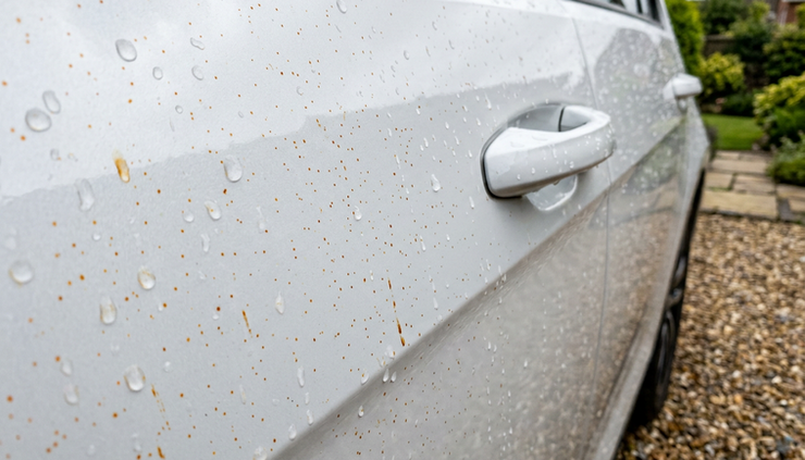 Close-up view of iron specks on a white car door.