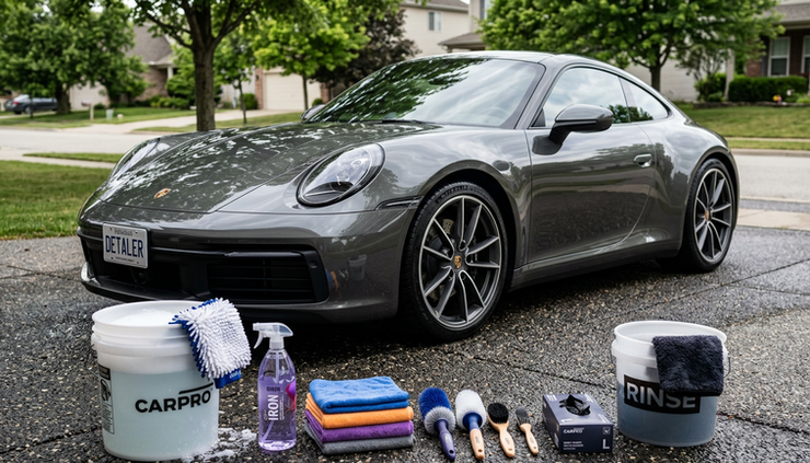 Eye-level view of car detailing supplies beside a clean vehicle.