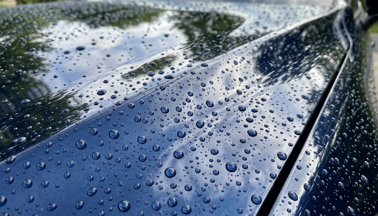 Close-up view of water beads on a ceramic coated car hood