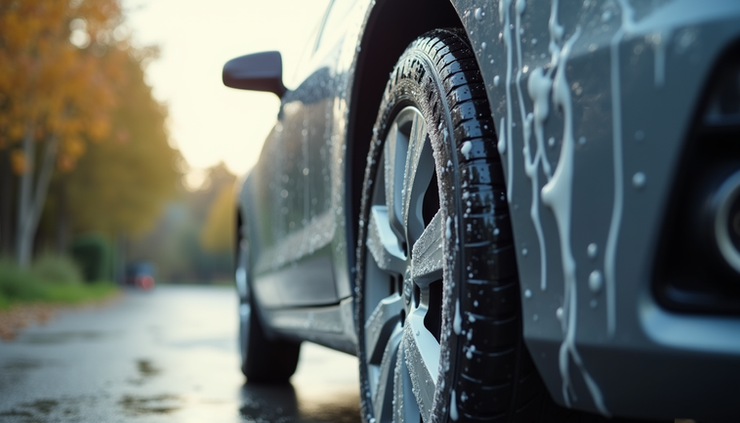 Eye-level view of a shiny car exterior being washed with a sponge