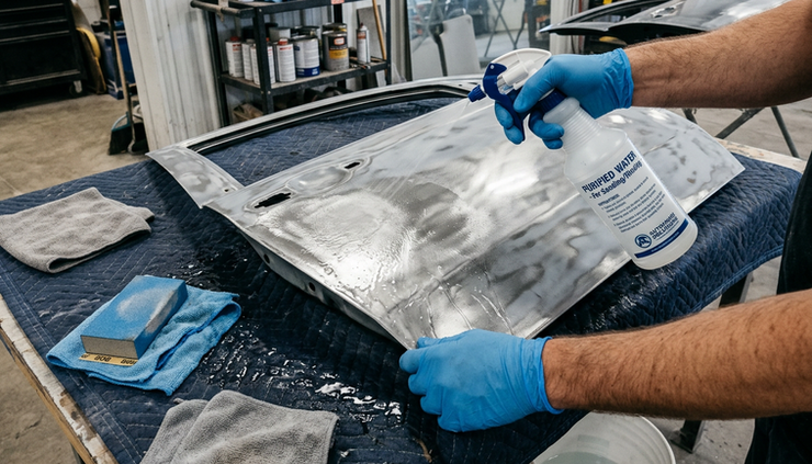 Overhead view of a technician rinsing a sanded metal panel with purified water from a labeled spray bottle