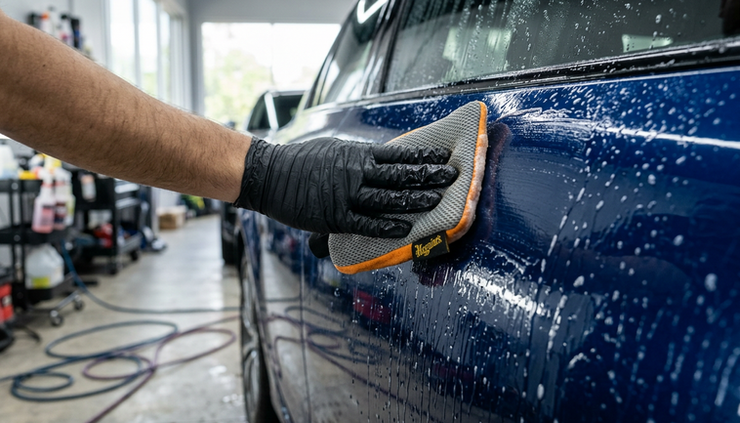 Close-up view of a gloved hand using a clay mitt on a wet car door