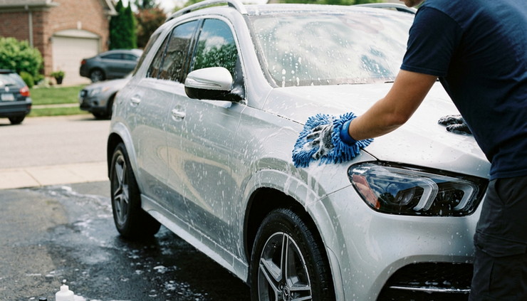 Eye-level view of a person washing a silver SUV with a microfiber mitt