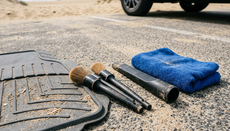 Close-up view of car detailing brushes and a vacuum crevice tool on a floor mat
