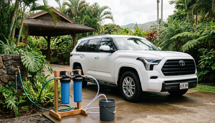 Wide-angle view of a filtered water setup connected to a hose in a driveway