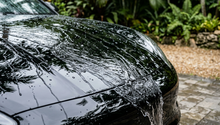 Close-up view of clean rinse water flowing over a glossy car hood