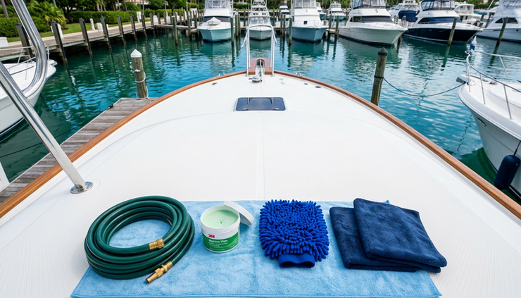 Overhead view of a clean boat deck with wash mitts and marine wax nearby.