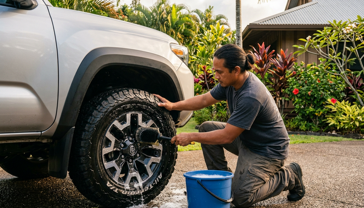 Eye-level view of a detailer cleaning a car wheel with a soft brush