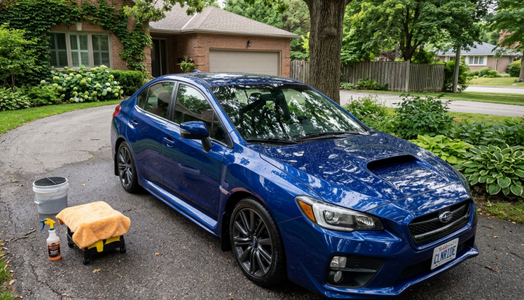 Wide-angle view of a freshly detailed blue car drying in a shaded driveway