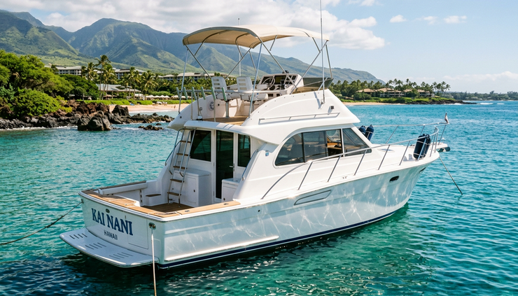 Wide-angle view of a glossy white boat resting near clear coastal water.