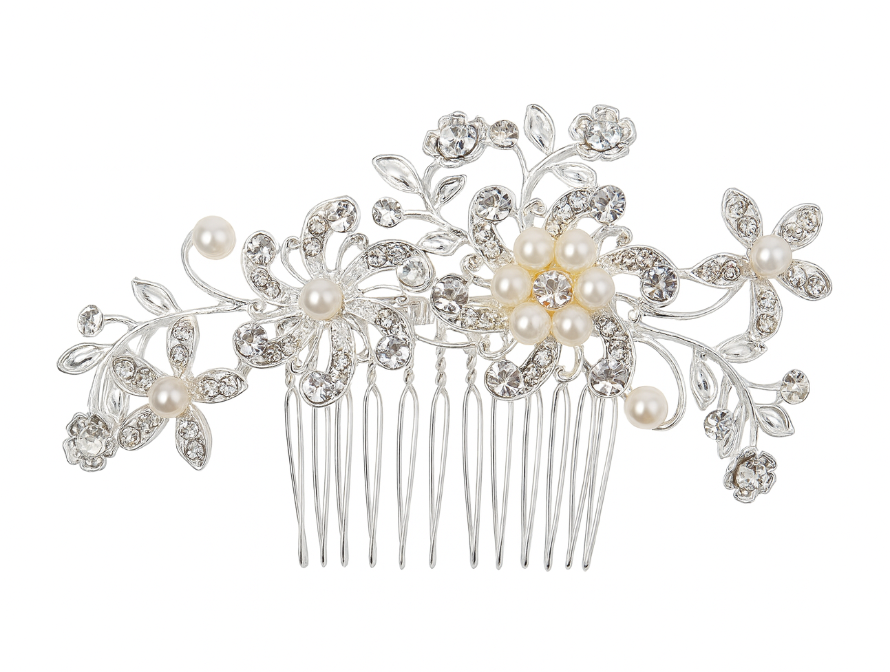 Haarkamm mit filigranen Blüten, funkelnden Kristallen und Strassbesatz – *DAPHNE