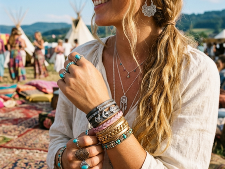 Nahaufnahme einer Frau mit geschichteten Boho-Halsketten, gestapelten Wickelarmbändern mit Anhängern, Ringen mit türkisfarbenen Steinen und filigranen Mandala-Ohrringen vor einem Festival-Hintergrund.
