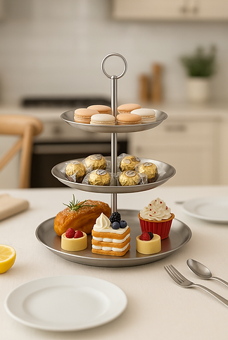 Dreistöckige Etagere mit silberfarbener Stange und TEllern, dekorativ bestückt, vor einem weichgezeichneten Buffet