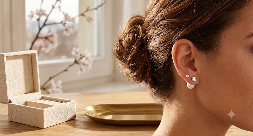 Nahaufnahme des Profils einer Frau mit hochgesteckten braunen Haaren, die einen edlen Double-Stud-Ohrstecker trägt. Vorne am Ohrläppchen funkelt ein geschliffener Zirkonia-Stein, während hinten eine größere, weiße Perle hervorschaut. Im Hintergrund stehen ein geöffnetes Schmuckkästchen und eine goldene Schale auf einem Holztisch vor einem hellen Fenster.