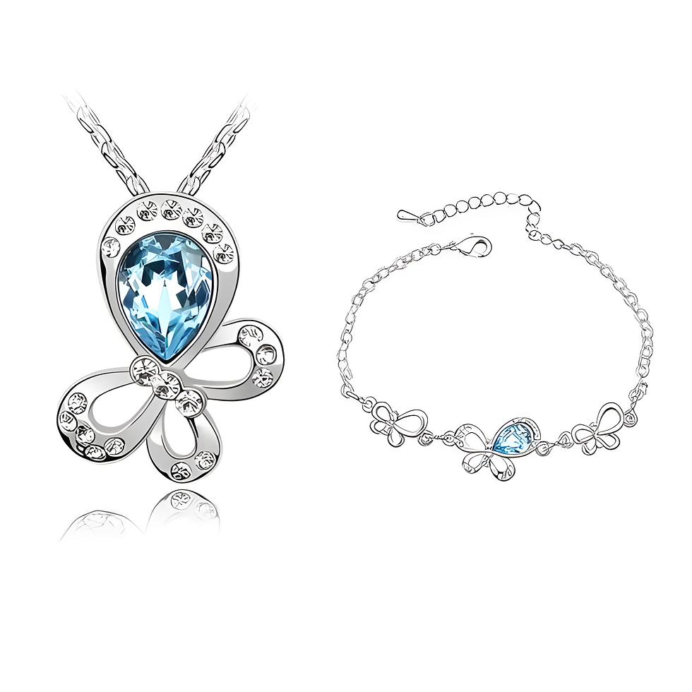 Weißgold-Schmuckset mit einem detailreichen Schmetterlings-Anhänger und passendem Armband mit blauen Tropfen-Kristall