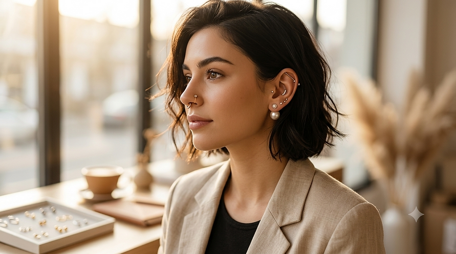 Elegant gekleidete Frau im Profil mit stilvollem Piercing-Schmuck: Feines Nasenpiercing, Conch-Ohrring und mehrfache Helix-Piercings aus Edelstahl und Gold.