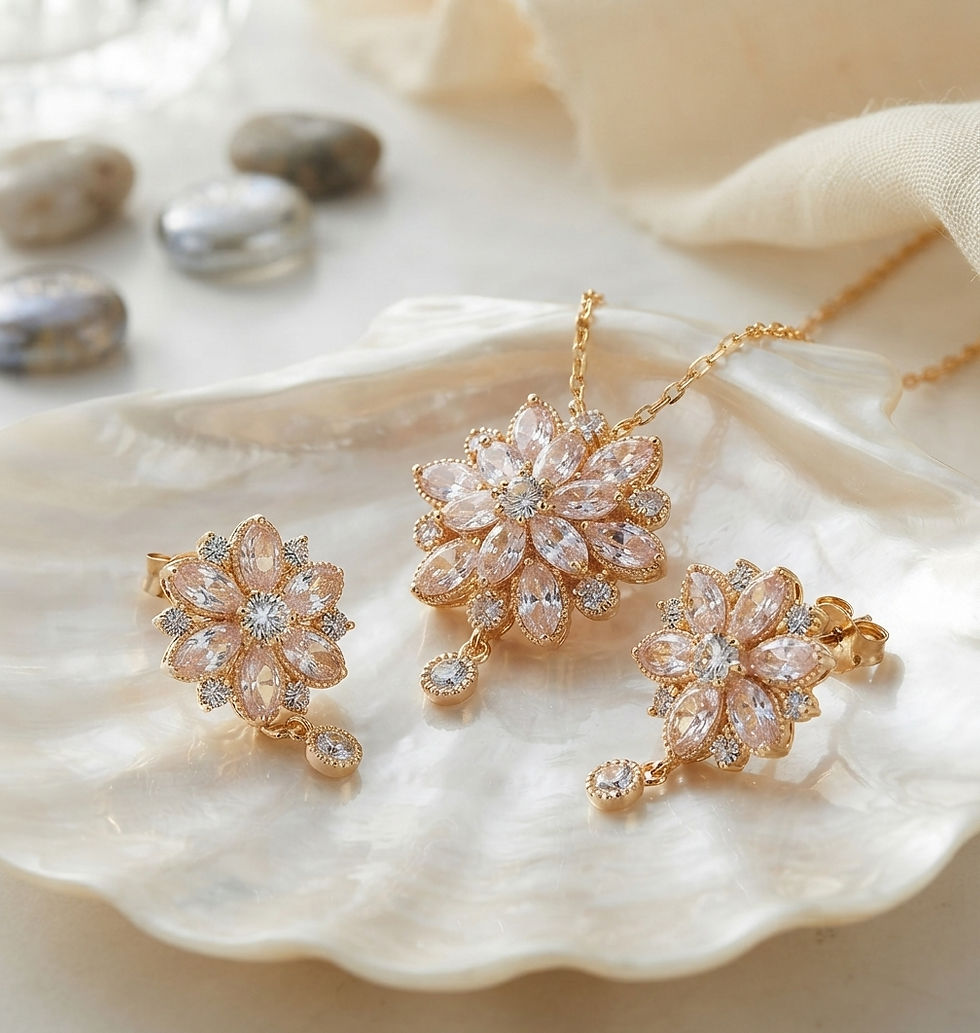 Miniaturbild: Elegante Kette und Ohrstecker mit kunstvoll gefassten Schmucksteinen im Blumen-Design.