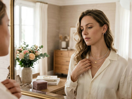 Eine stilvolle Frau betrachtet sich nachdenklich im Spiegel, während sie eine elegante Kombination aus filigranen Gold- und Silberketten sowie dezenten Creolen trägt.