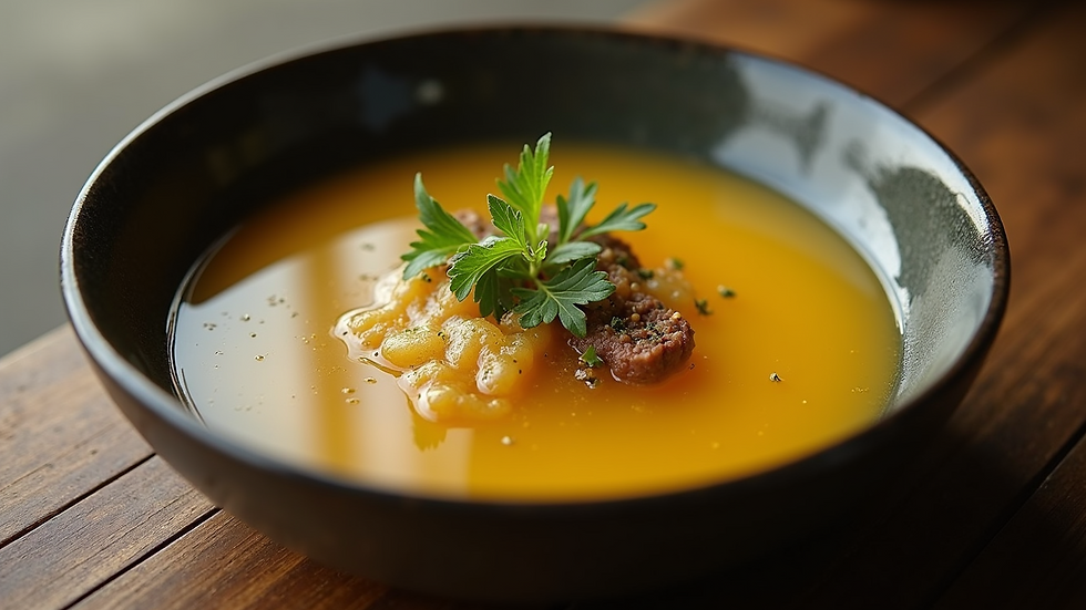 High angle view of a bowl with melted beef tallow and herbs