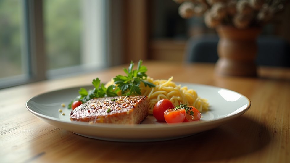 Eye-level view of a balanced plate of food