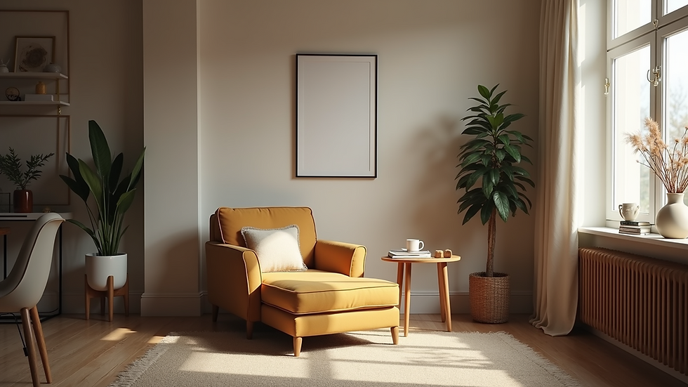 Eye-level view of a cozy living room with a comfortable armchair