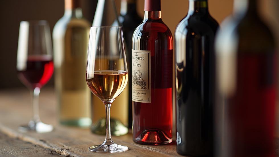 Close-up view of a selection of fine red and white wines