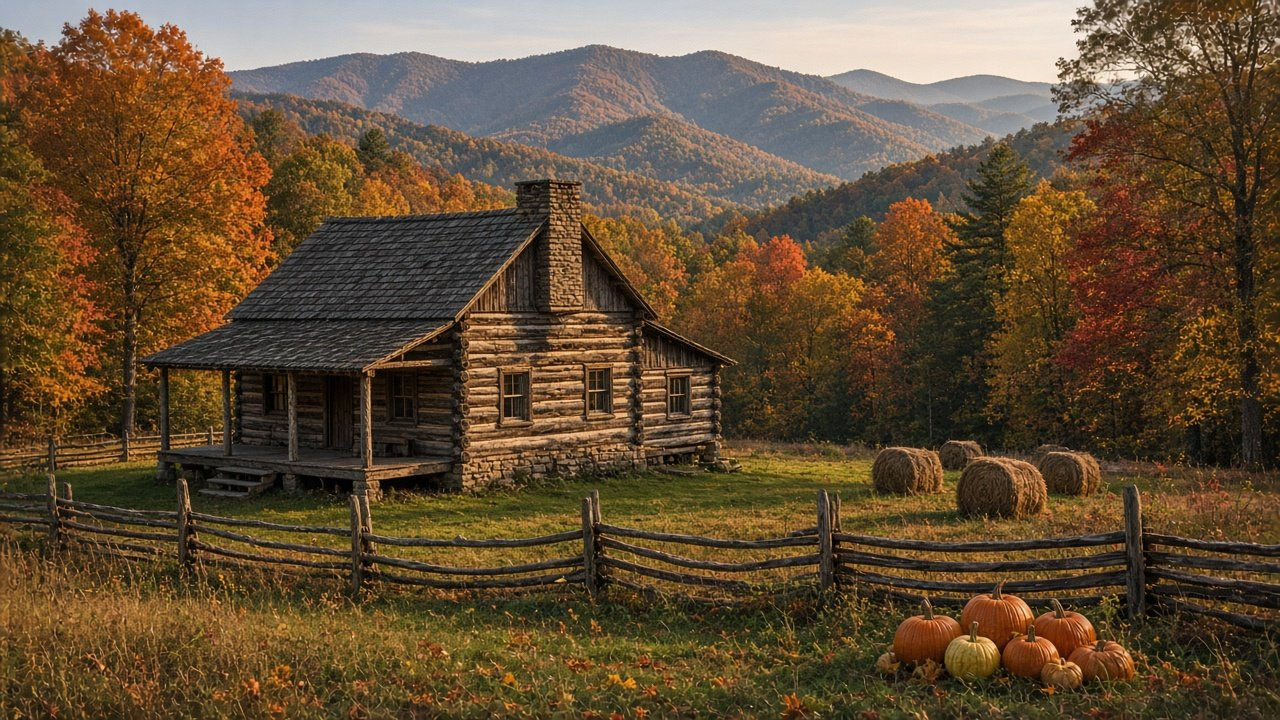 Historic log cabin surrounded by fall foliage with the Cumberland Mountains in the background