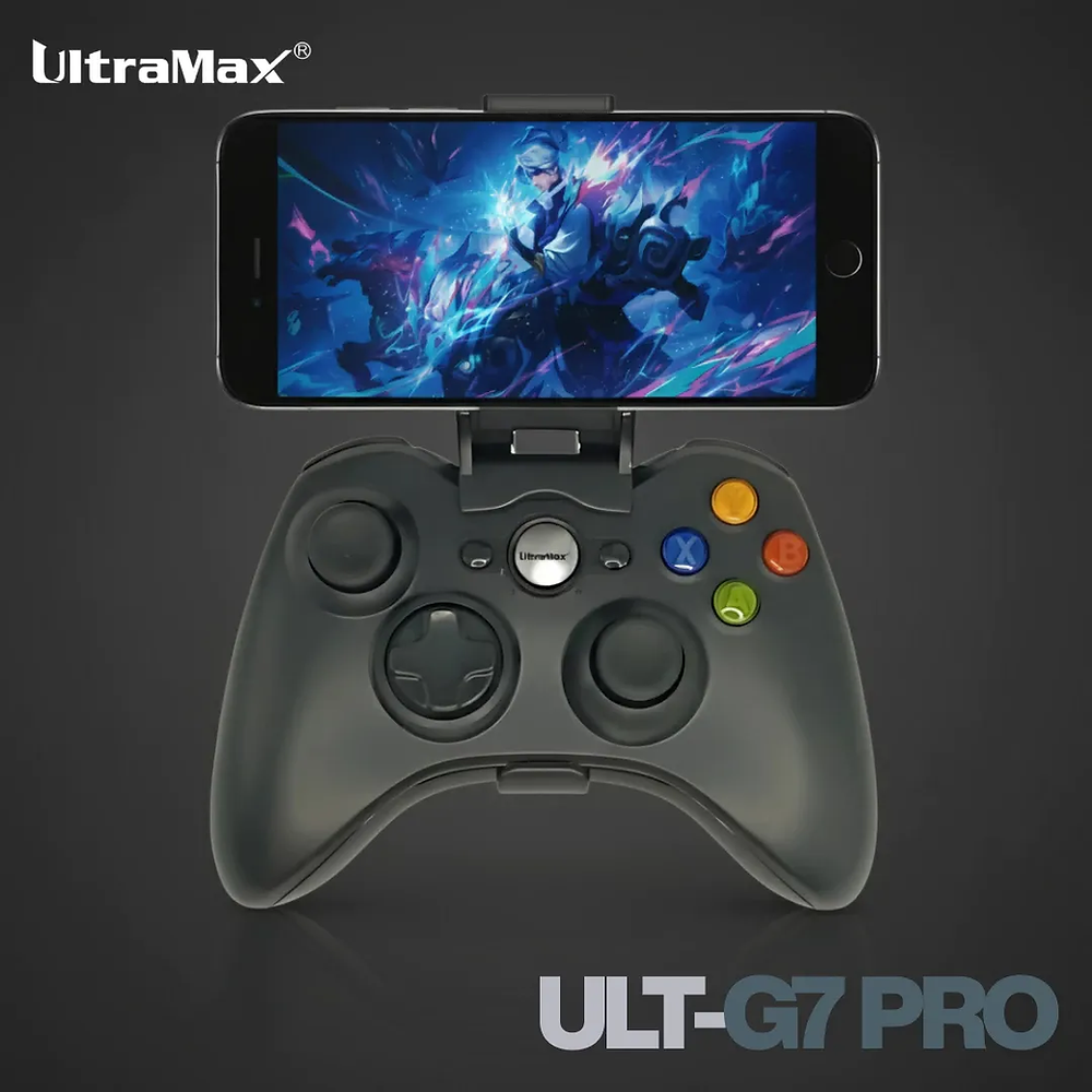 Controle para celular UltraMax ULT-G7 PRO com suporte para smartphone acoplado.