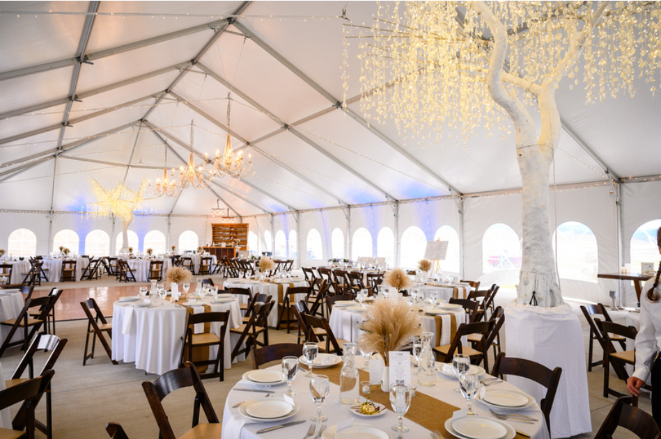 The fully built out and designed wedding reception tent.
