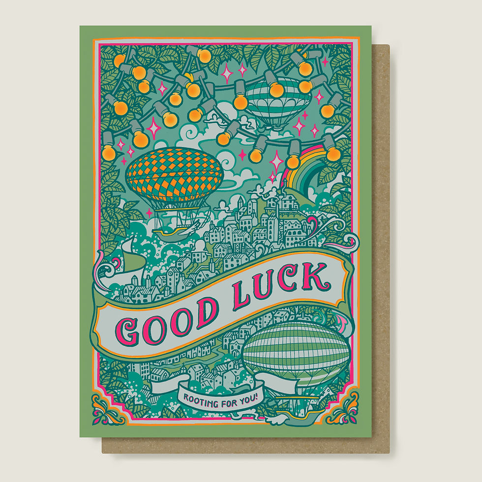 W/S Good Luck Card. Green and Pink Fantasy, Steampunk 'Rooting for You' Card.