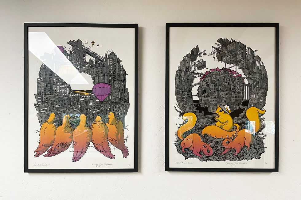 Thumbnail: New York and Pigeon Illustration Screen Print. Pink & Yellow City Wall Art Print